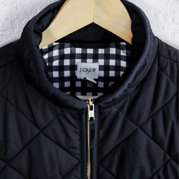 J Crew Quilted Puffer Vest Black Gingham Lined Zipper Pockets Womens Large - Picture 2 of 9